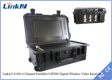 กระเป๋ายุทธวิธี COFDM เครื่องรับสัญญาณวิดีโอ IP65 พร้อมแบตเตอรี่และจอแสดงผล การเข้ารหัส AES256 DC-12V