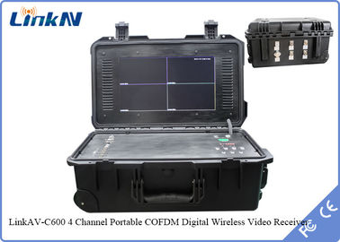 COFDM กระเป๋าเดินทาง เครื่องรับวิดีโอ 4 ช่อง IP65 พร้อมแบตเตอรี่และจอ AES256 H.264 DC 12V